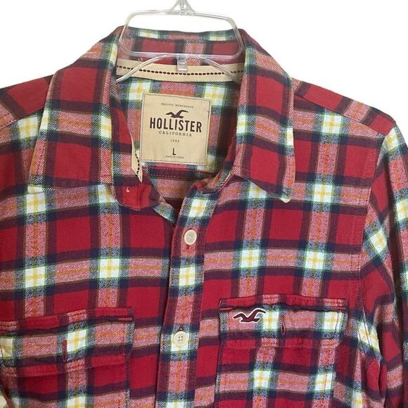 Hollister Mens Size Large Button Down Shirt Red Plaid Long Sleeves 100% Cotton - Picture 2 of 11